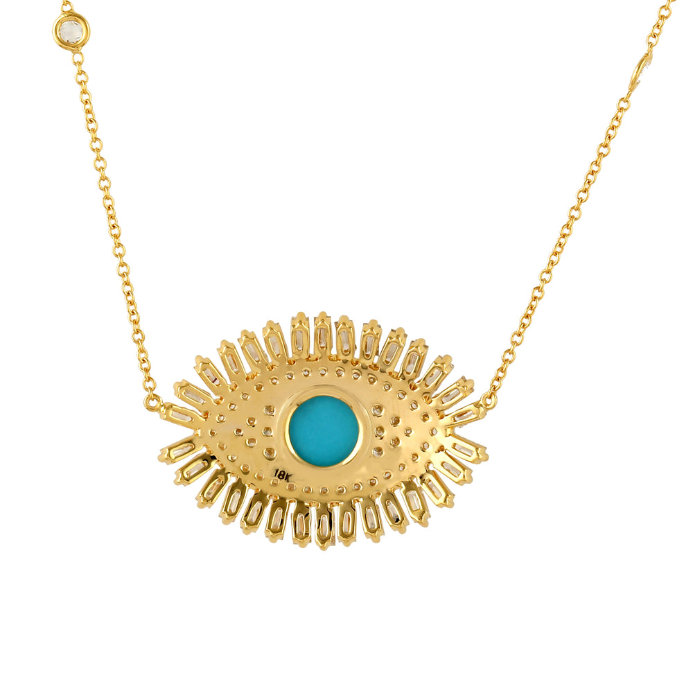 Baguette Diamond & Turquoise Evil Eye Charm Pendant 18k Yellow Gold Chain Necklace Jewelry