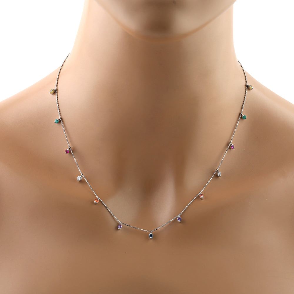 Multi Sapphire Prong Ruby Emerald Gemstone Princess Necklace In White Gold