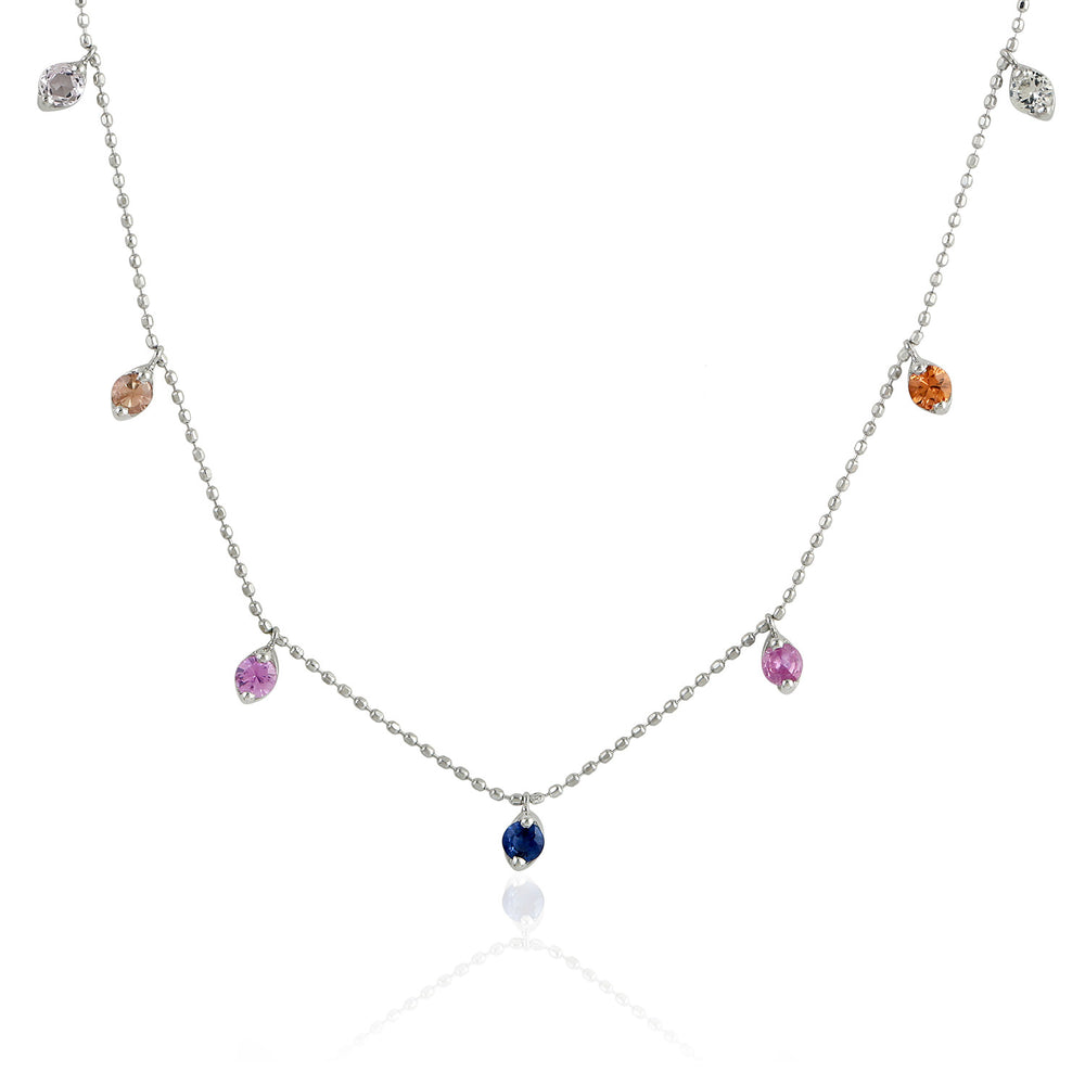 Multi Sapphire Prong Ruby Emerald Gemstone Princess Necklace In White Gold