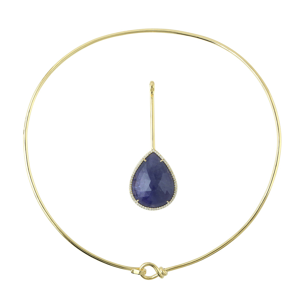 Pear Tanzanite Prong Natural Diamond Made In 10K Yellow Gold Choker Necklace Jewelry