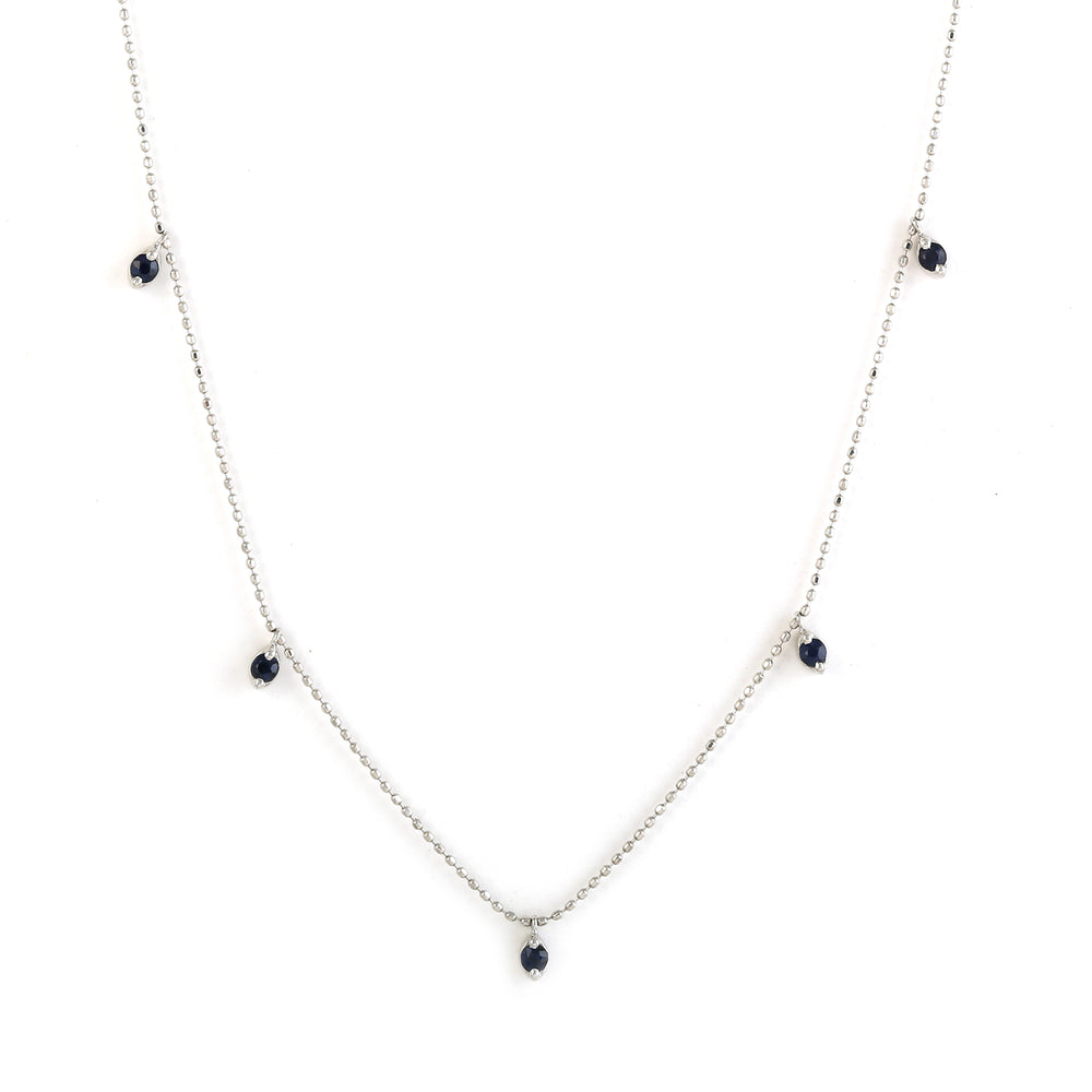 18K White Gold Prong Blue Sapphire Beads Chain Princess Necklace