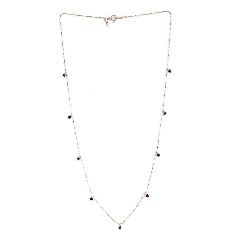 18K White Gold Prong Blue Sapphire Beads Chain Princess Necklace