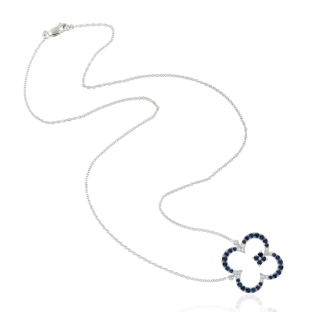 Blue Sapphire Pave Diamond Clover Choker Necklace In White Gold