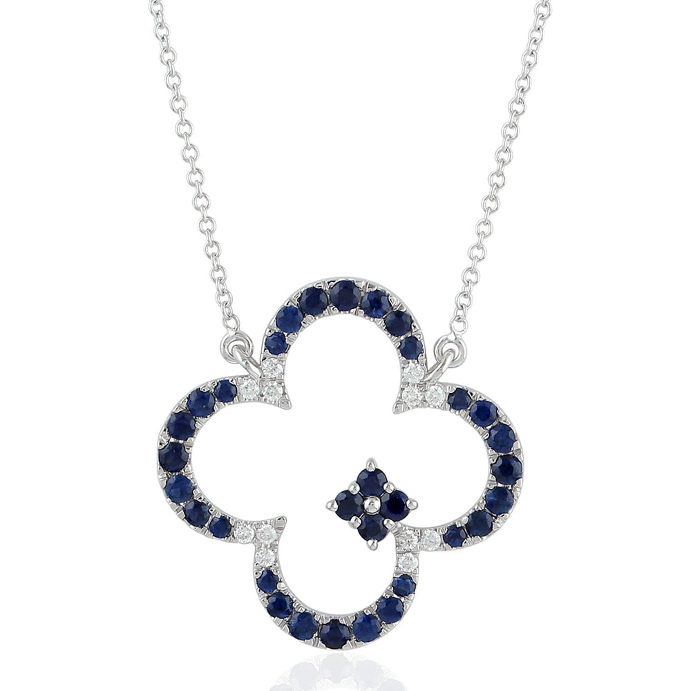 Blue Sapphire Pave Diamond Clover Choker Necklace In White Gold