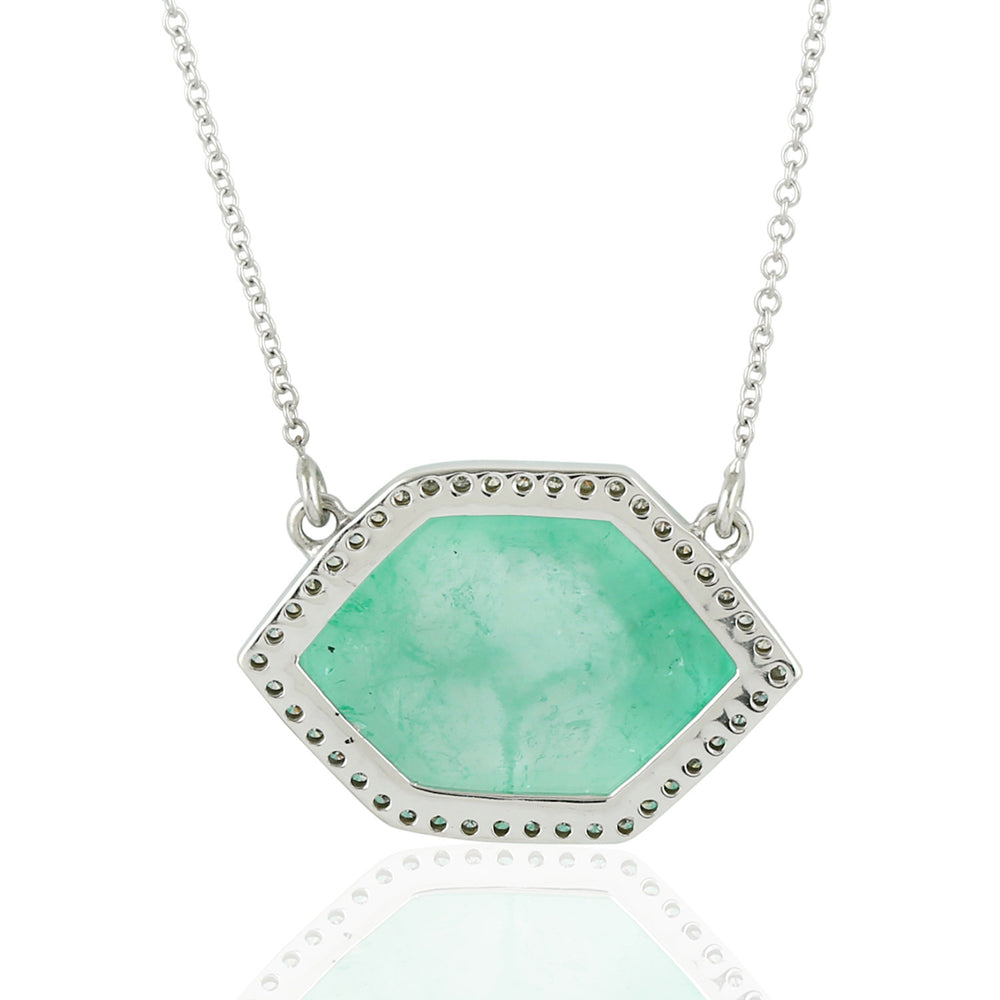 Hexagon Emerald Studded Diamond Pendant 18k White Gold Chain Princess Necklace For Her