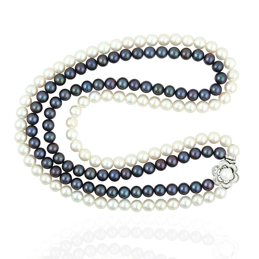 Black & White Pearl Chinese Necklace with Floral Clasp in 14K White Gold