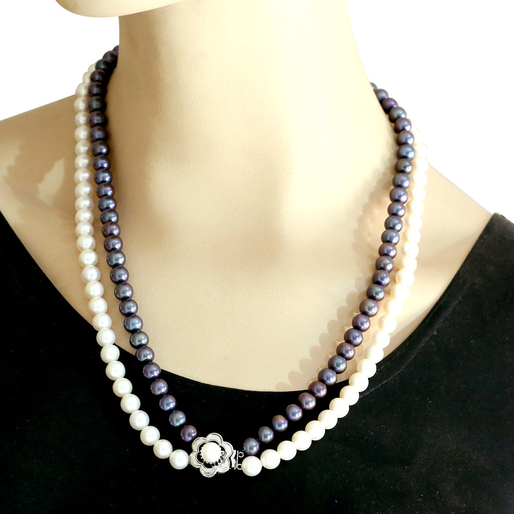 Black & White Pearl Chinese Necklace with Floral Clasp in 14K White Gold