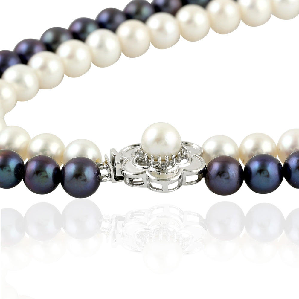 Black & White Pearl Chinese Necklace with Floral Clasp in 14K White Gold