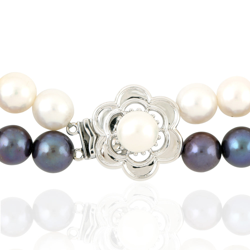 Black & White Pearl Chinese Necklace with Floral Clasp in 14K White Gold