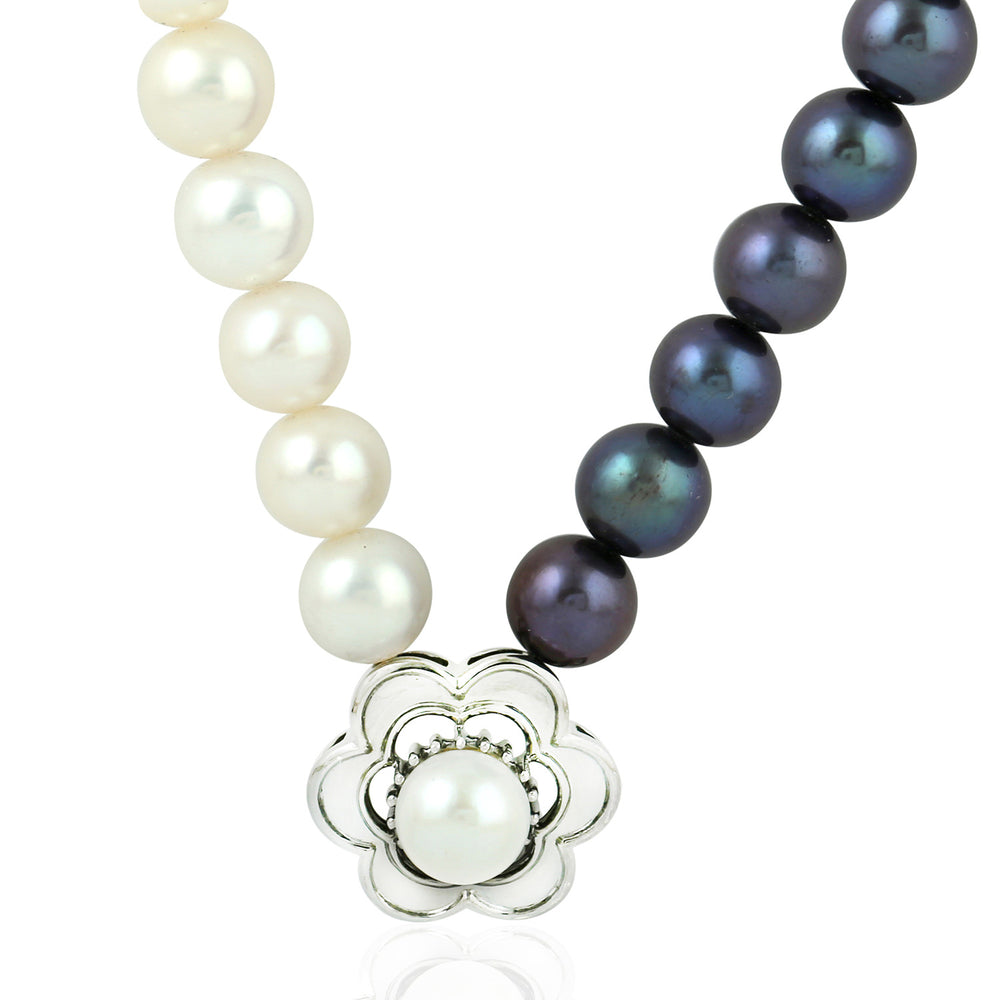 Black & White Pearl Chinese Necklace with Floral Clasp in 14K White Gold