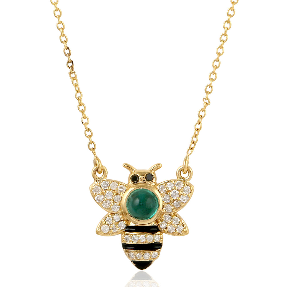 Bezel Emerald Pave Diamond Enamel Bee Design Necklace In Gold