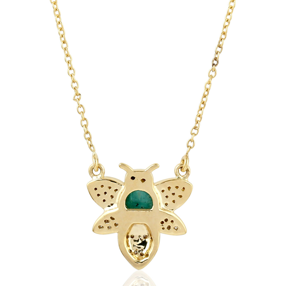 Bezel Emerald Pave Diamond Enamel Bee Design Necklace In Gold