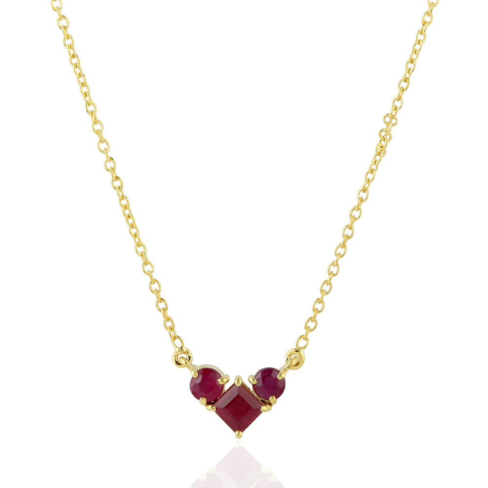 Ruby Gemstone Three Stone Heart Design Choker Necklace In 14k Yellow Gold