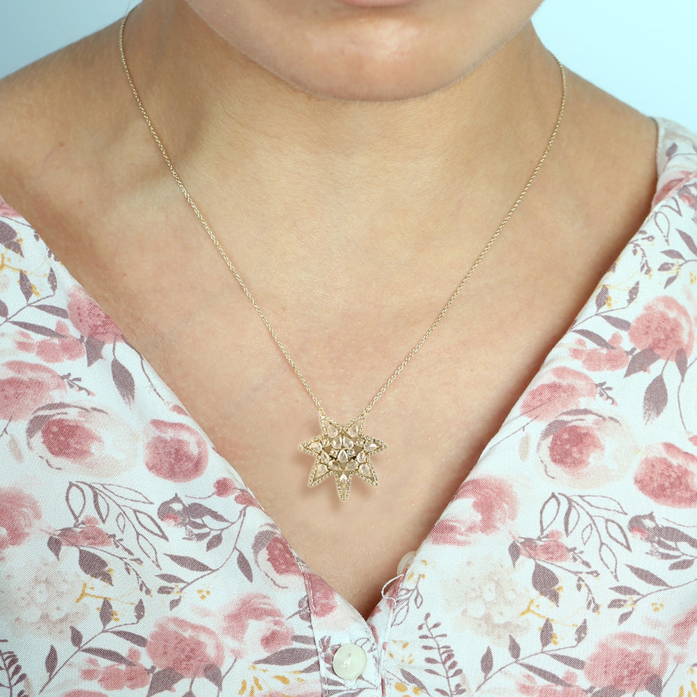 Rose Cut Diamond Star Choker Necklace in Yellow Gold – Handmade Celestial Jewelry for Her