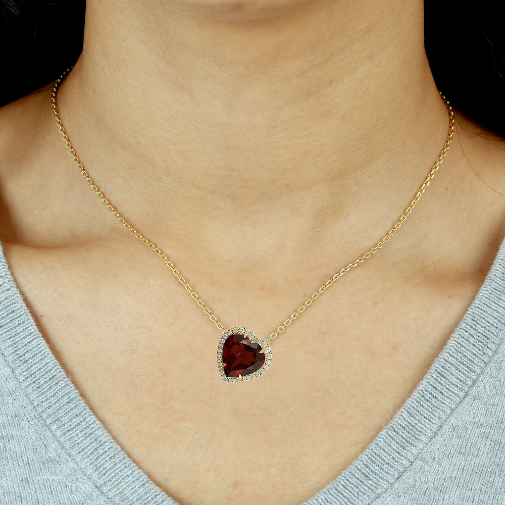 Rhodolite Garnet & Pave Diamond Heart Necklace in 14K Yellow Gold