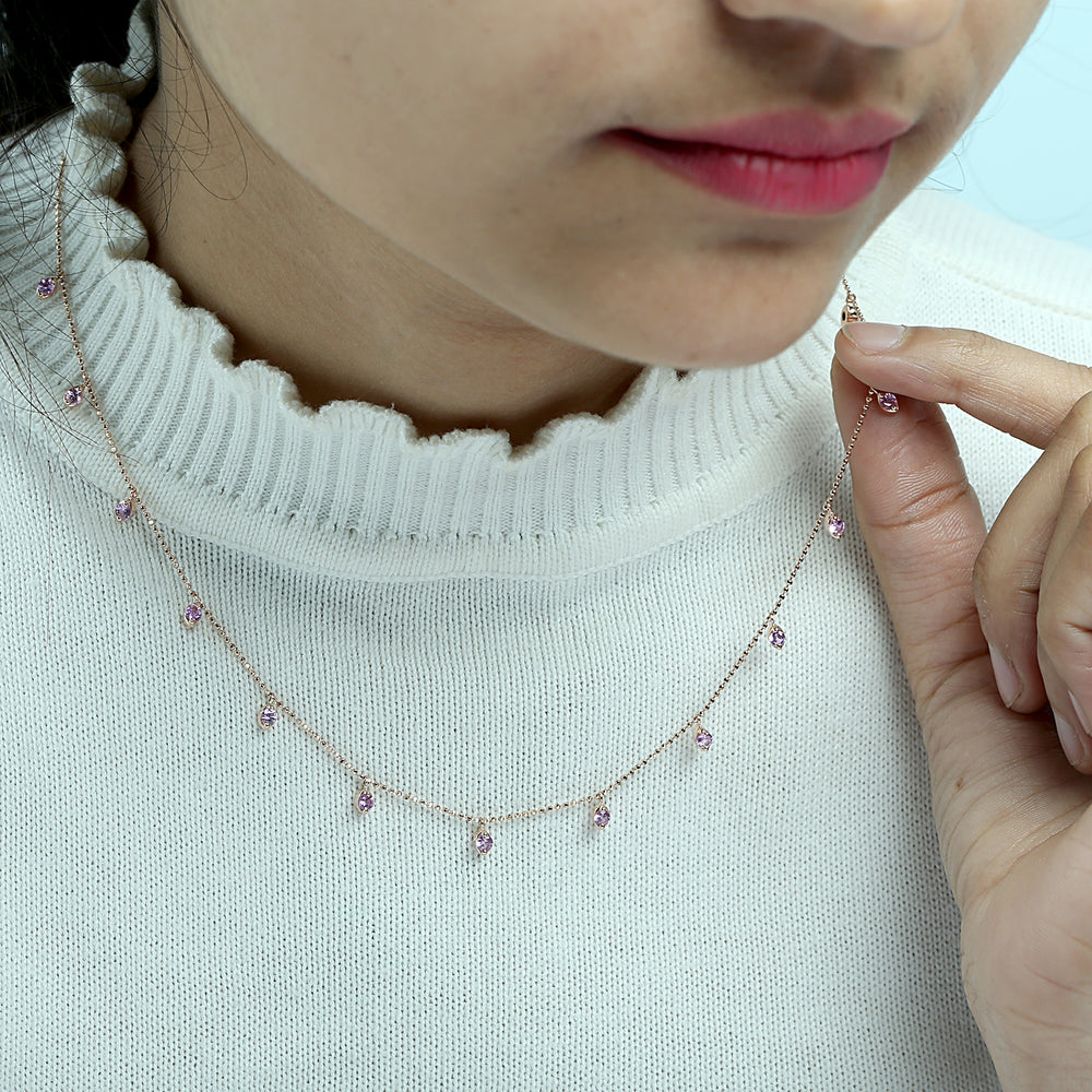 Pink Sapphire Gemstone Leaf Station Necklace in 18K Rose Gold