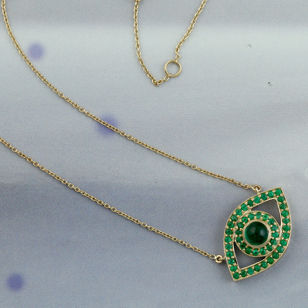 14K Yellow Gold Pave Emerald Gemstone Evil Eye Choker Necklace