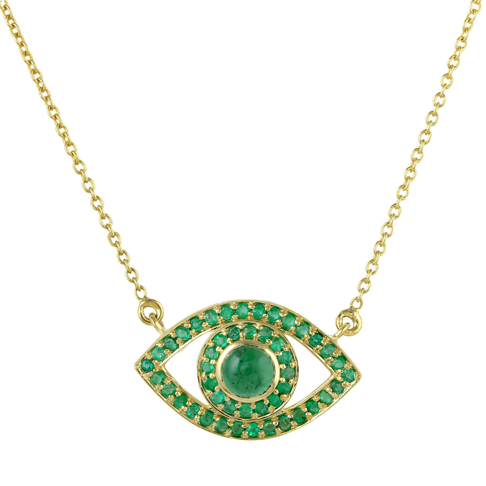 14K Yellow Gold Pave Emerald Gemstone Evil Eye Choker Necklace