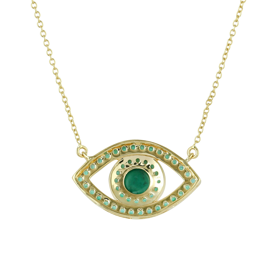 14K Yellow Gold Pave Emerald Gemstone Evil Eye Choker Necklace