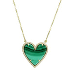 Heart Cut Malachite Gemstone Pave Diamond In 14K Yellow Gold Princess Necklace