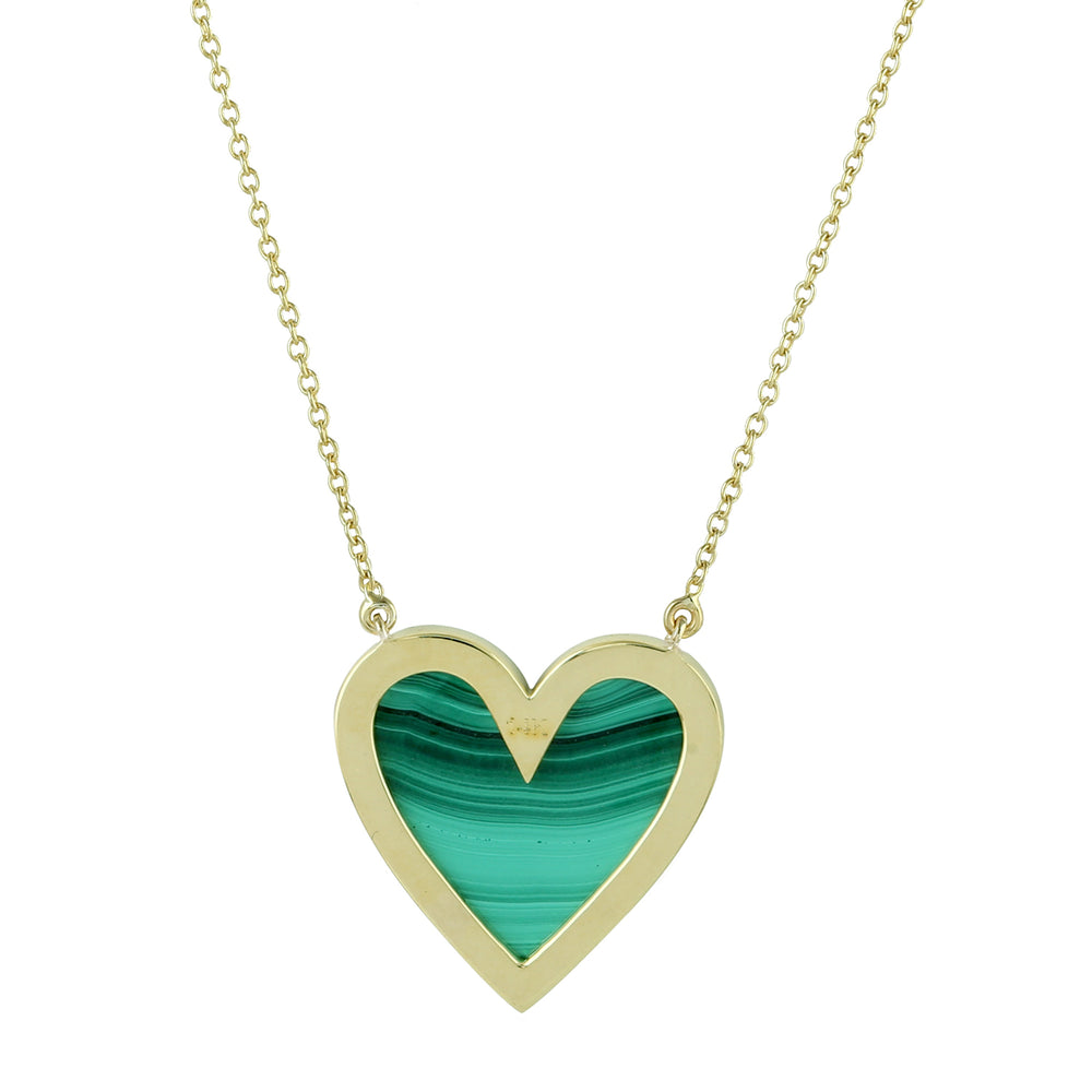 Heart Cut Malachite Gemstone Pave Diamond In 14K Yellow Gold Princess Necklace