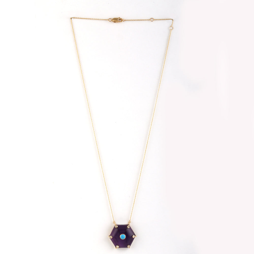 Hexagon Amethyst & Turquoise Pendant Necklace in 14K Yellow Gold