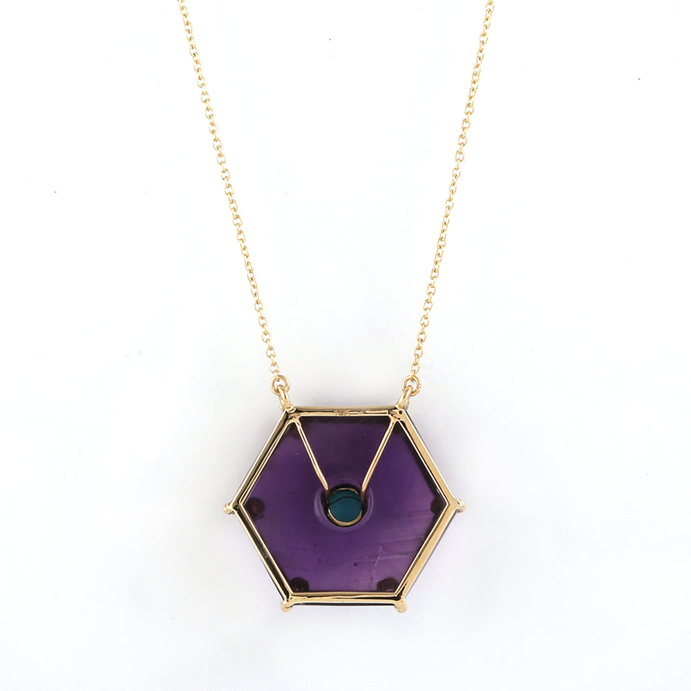 Hexagon Amethyst & Turquoise Pendant Necklace in 14K Yellow Gold