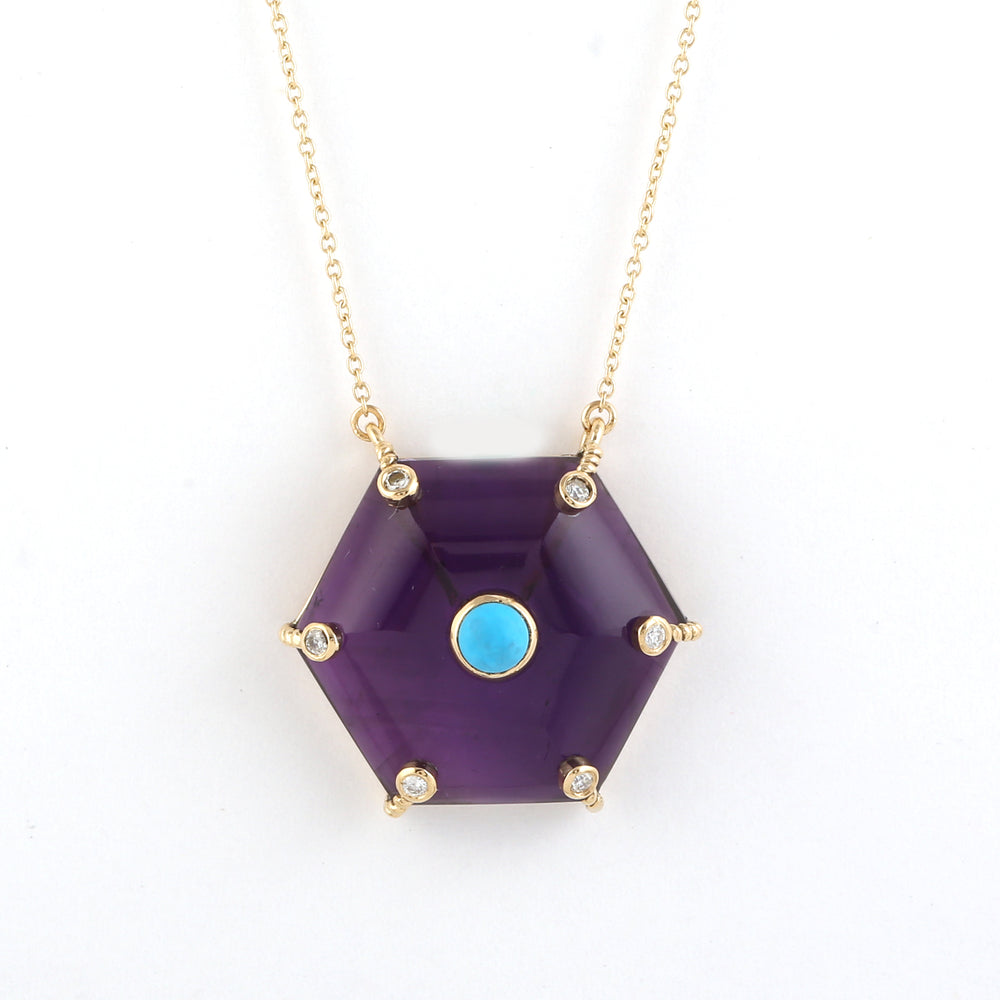 Hexagon Amethyst & Turquoise Pendant Necklace in 14K Yellow Gold
