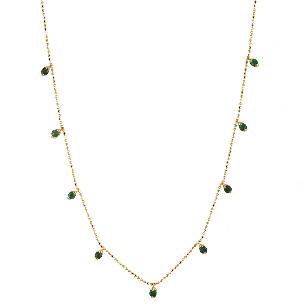 Prong Set  Emerald May Birthstone Beads Princess Necklace In Yellow Gold