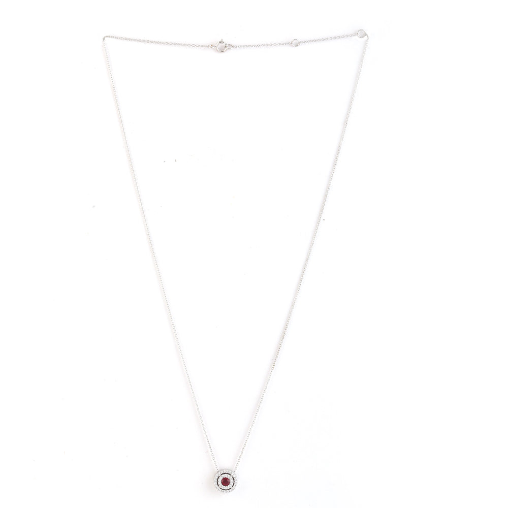 Ruby Round Pendant with Diamond in 18k White Gold – Adjustable Chain Necklace