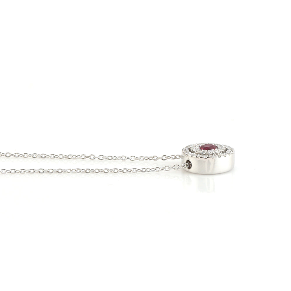Ruby Round Pendant with Diamond in 18k White Gold – Adjustable Chain Necklace