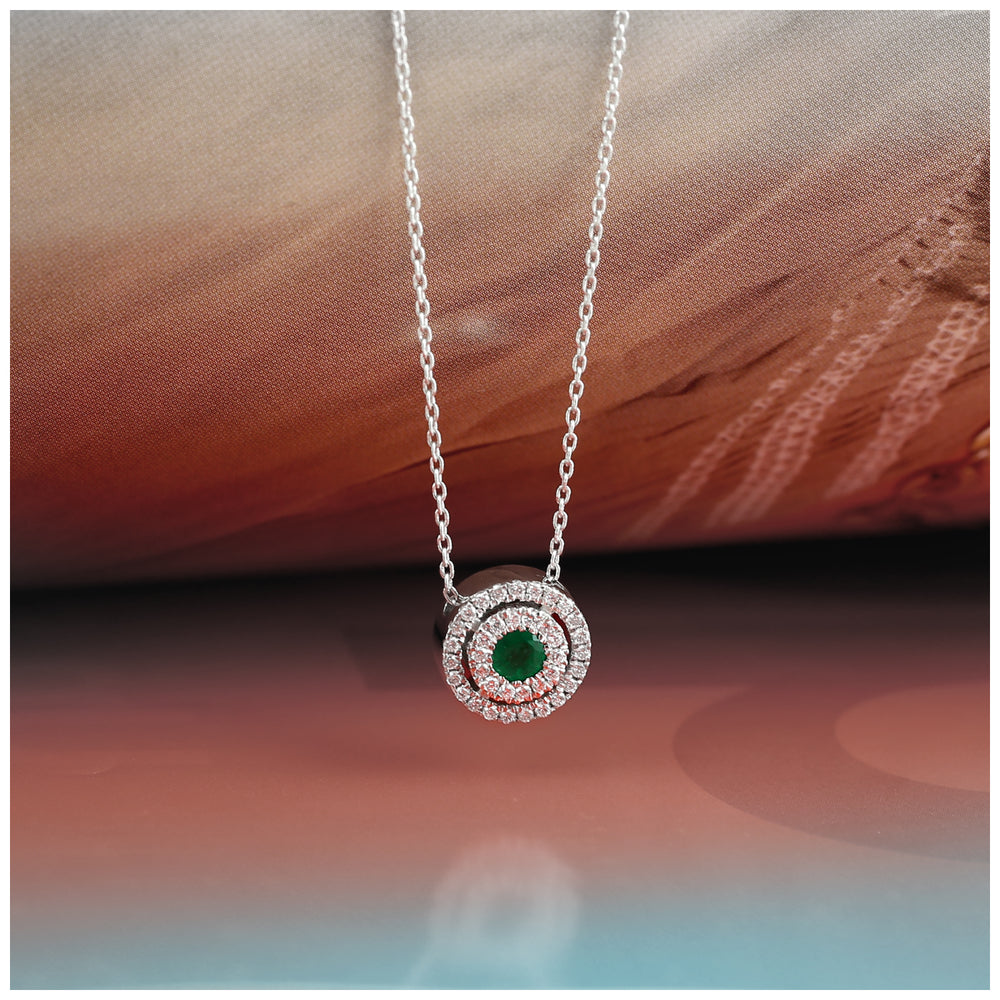 Emerald Round Pendant Necklace with Diamond Accents in 18k White Gold – Fine Jewelry