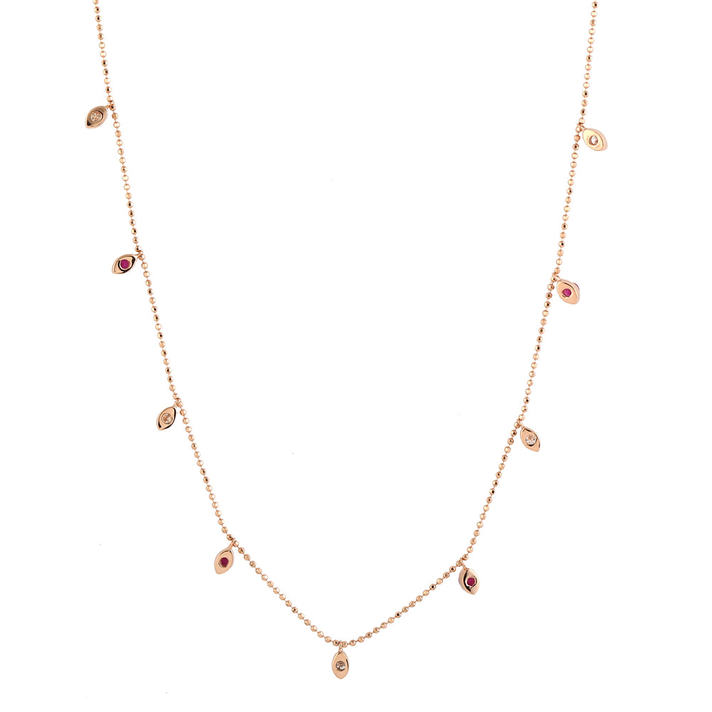 Ruby Gemstone Prong Diamond Station Chain Necklace in 18k Rose Gold – Jewelry for Her