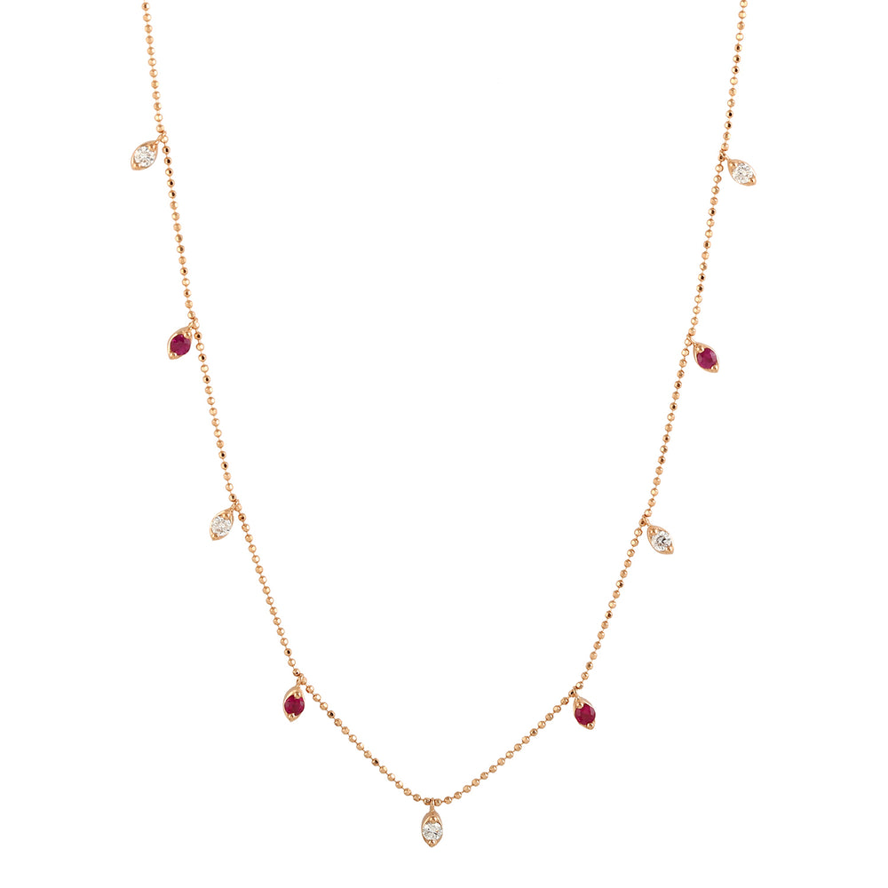 Ruby Gemstone Prong Diamond Station Chain Necklace in 18k Rose Gold – Jewelry for Her