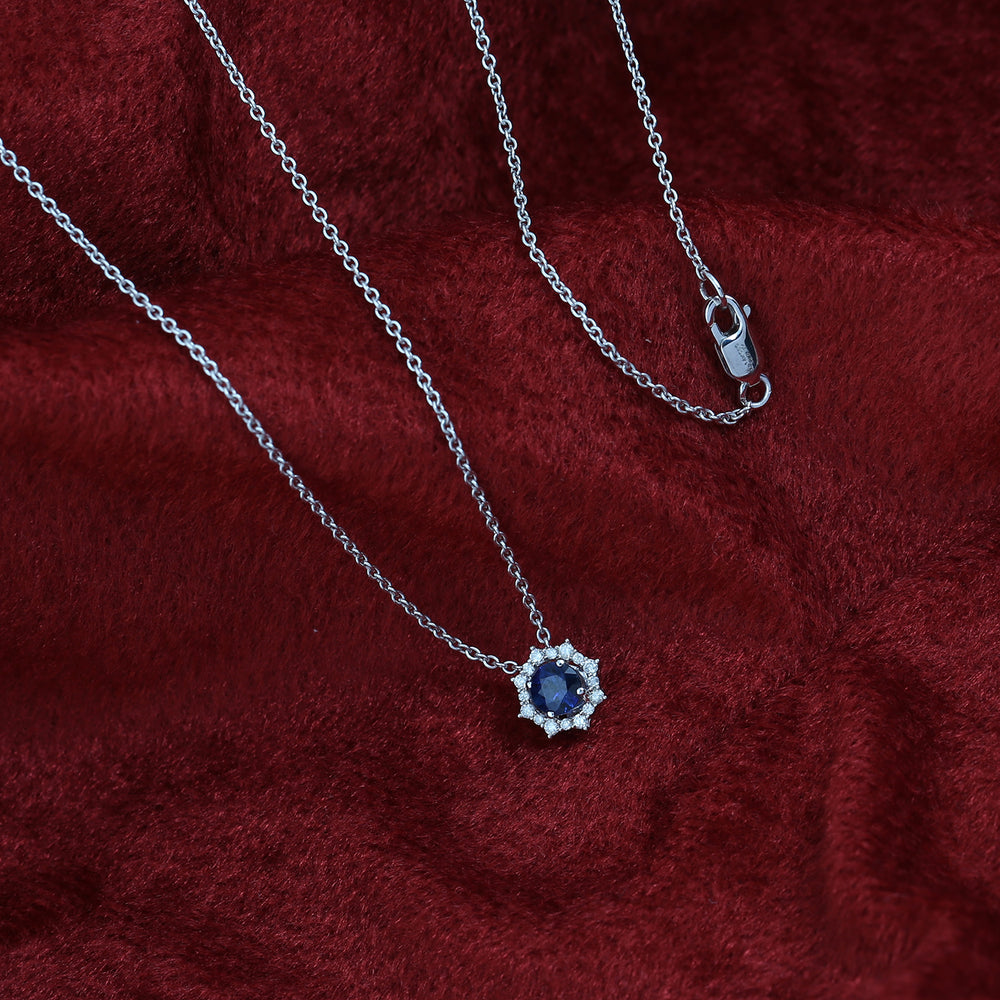 Blue Sapphire Prong Set Diamond Princess Necklace In 14K White Gold