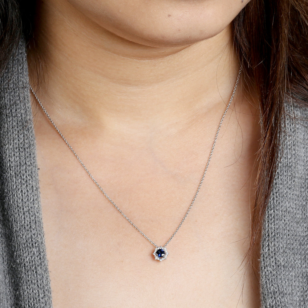 Blue Sapphire Prong Set Diamond Princess Necklace In 14K White Gold