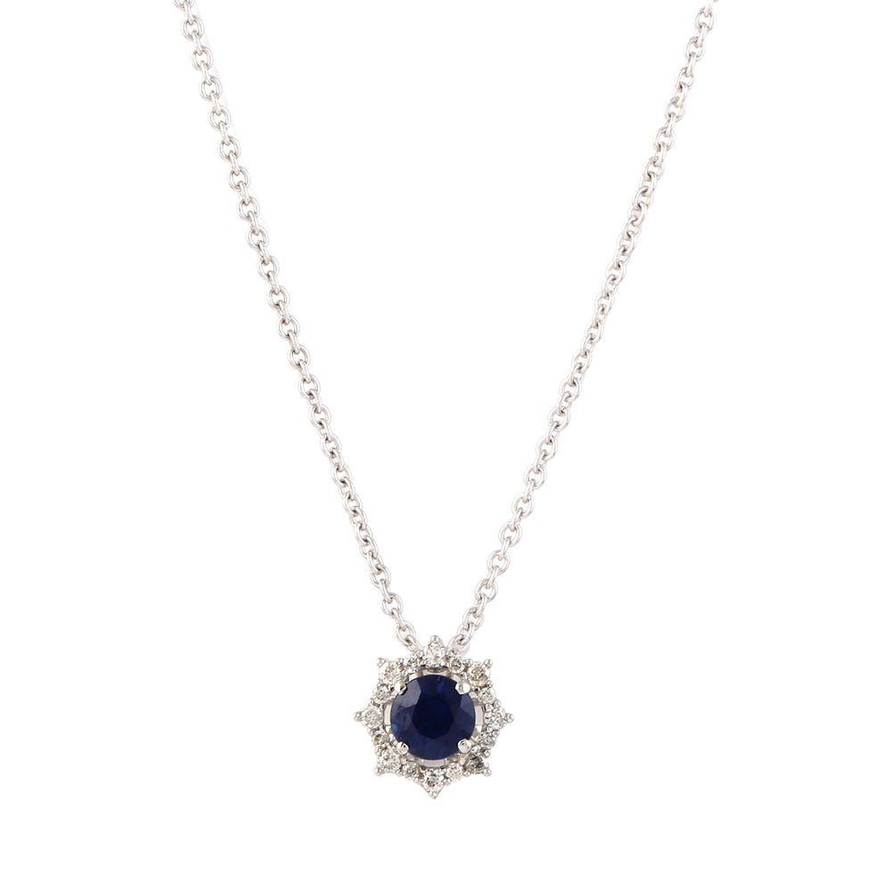 Blue Sapphire Prong Set Diamond Princess Necklace In 14K White Gold