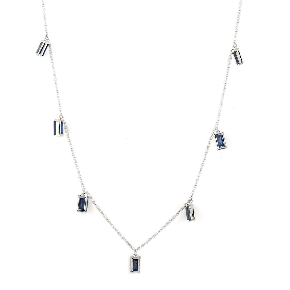 Baguette Blue Sapphire Station Necklace in 18K White Gold – Princess Style Gemstone Jewelry