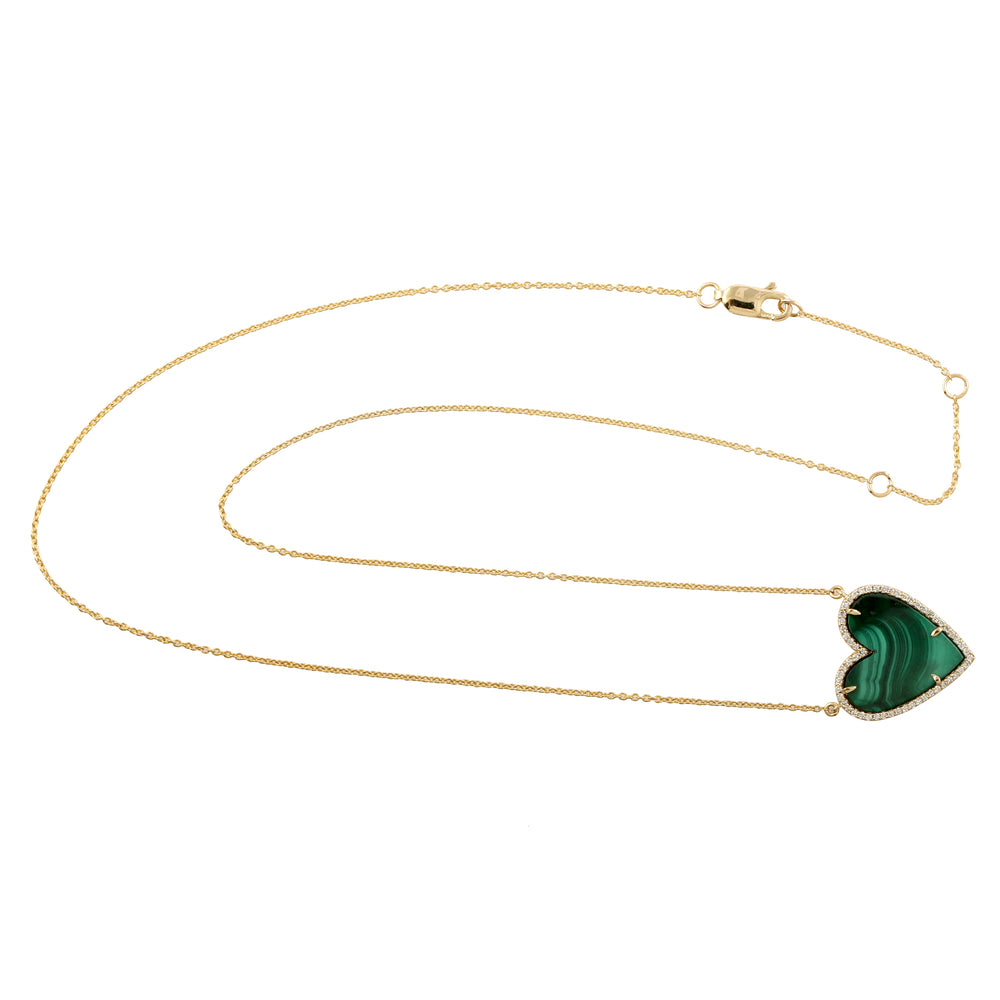 Malachite Pave Diamond Heart Choker Necklace In 14k Yellow Gold