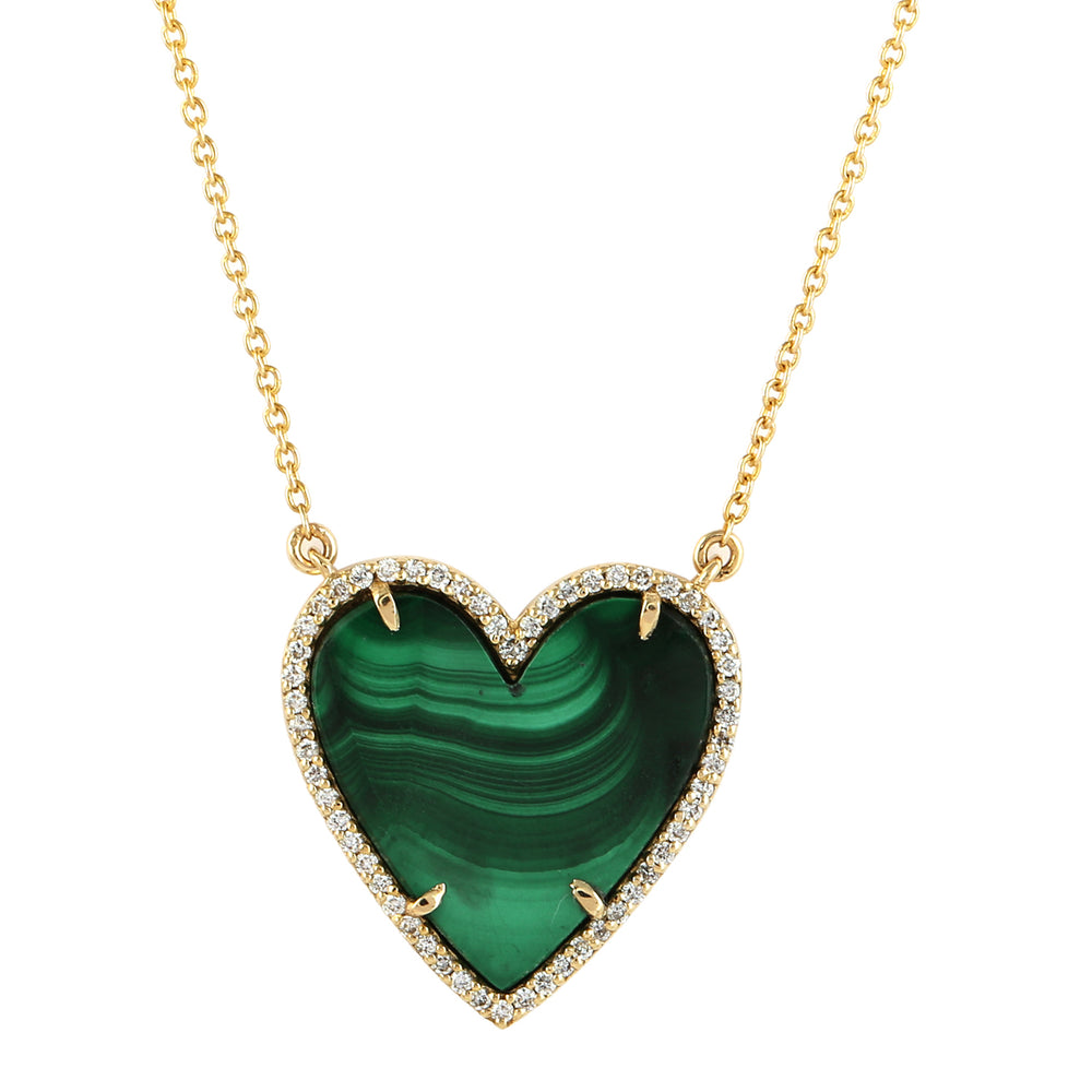 Malachite Pave Diamond Heart Choker Necklace In 14k Yellow Gold