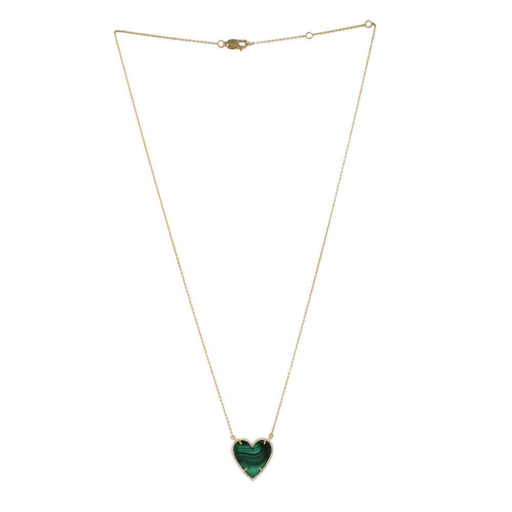Malachite Pave Diamond Heart Choker Necklace In 14k Yellow Gold