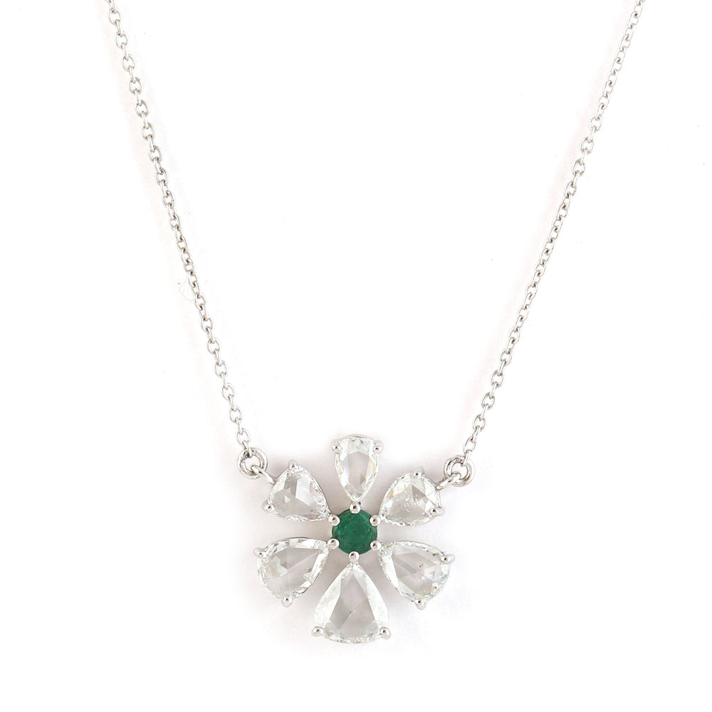 Natural Rose Cut Diamond Round Emerald Daisy Princess Necklace In 18k White Gold Gift