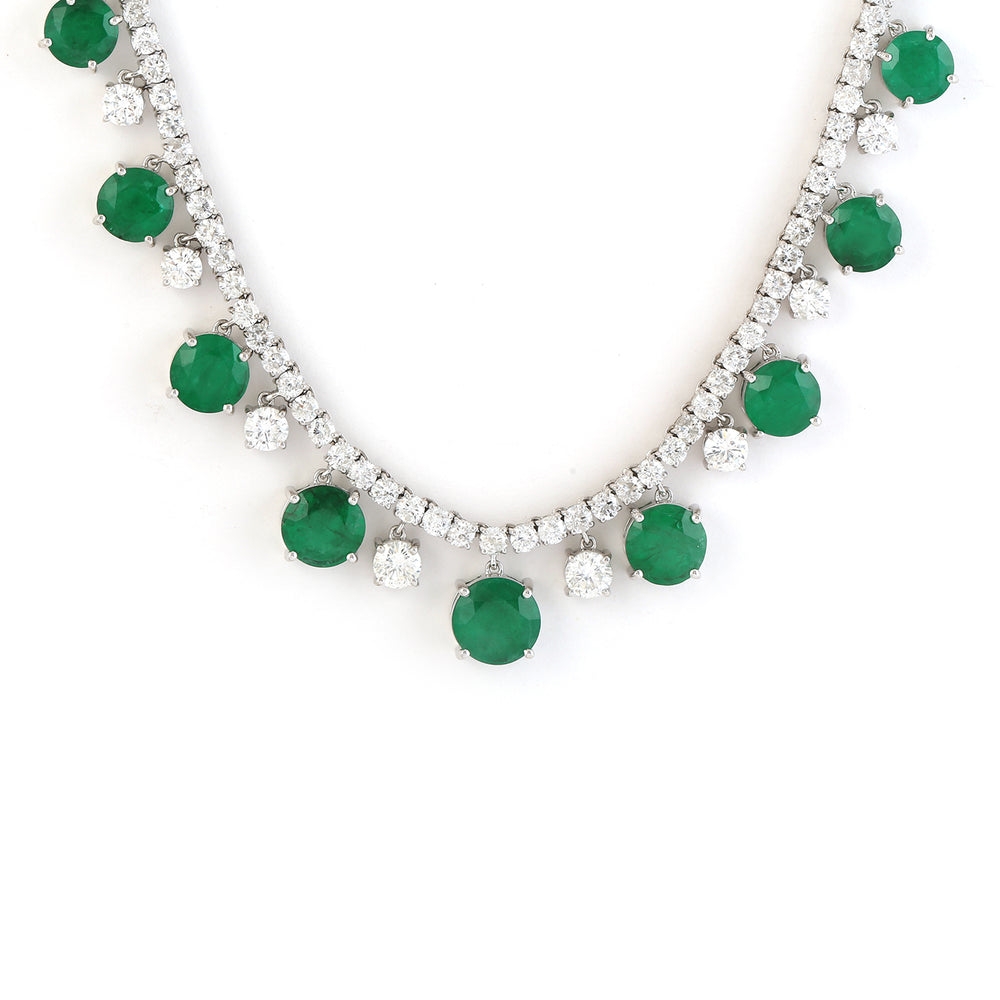 Emerald and Diamond Round Cut Necklace in 18K White Gold | Bridal Jewelry Gift for Her