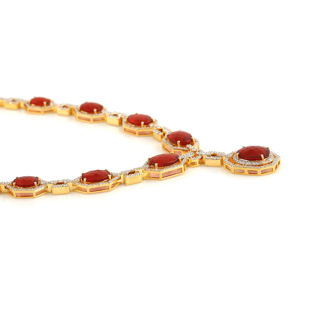 18k Yellow Gold Choker Necklace with Oval Cut Fire Opal & Pave Diamonds – Radiant Statement Jewelry for Her