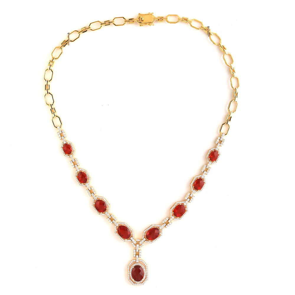 18k Yellow Gold Choker Necklace with Oval Cut Fire Opal & Pave Diamonds – Radiant Statement Jewelry for Her