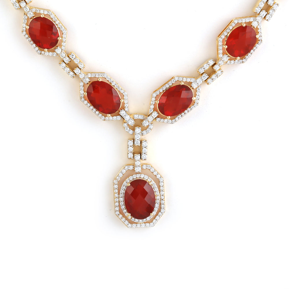 18k Yellow Gold Choker Necklace with Oval Cut Fire Opal & Pave Diamonds – Radiant Statement Jewelry for Her