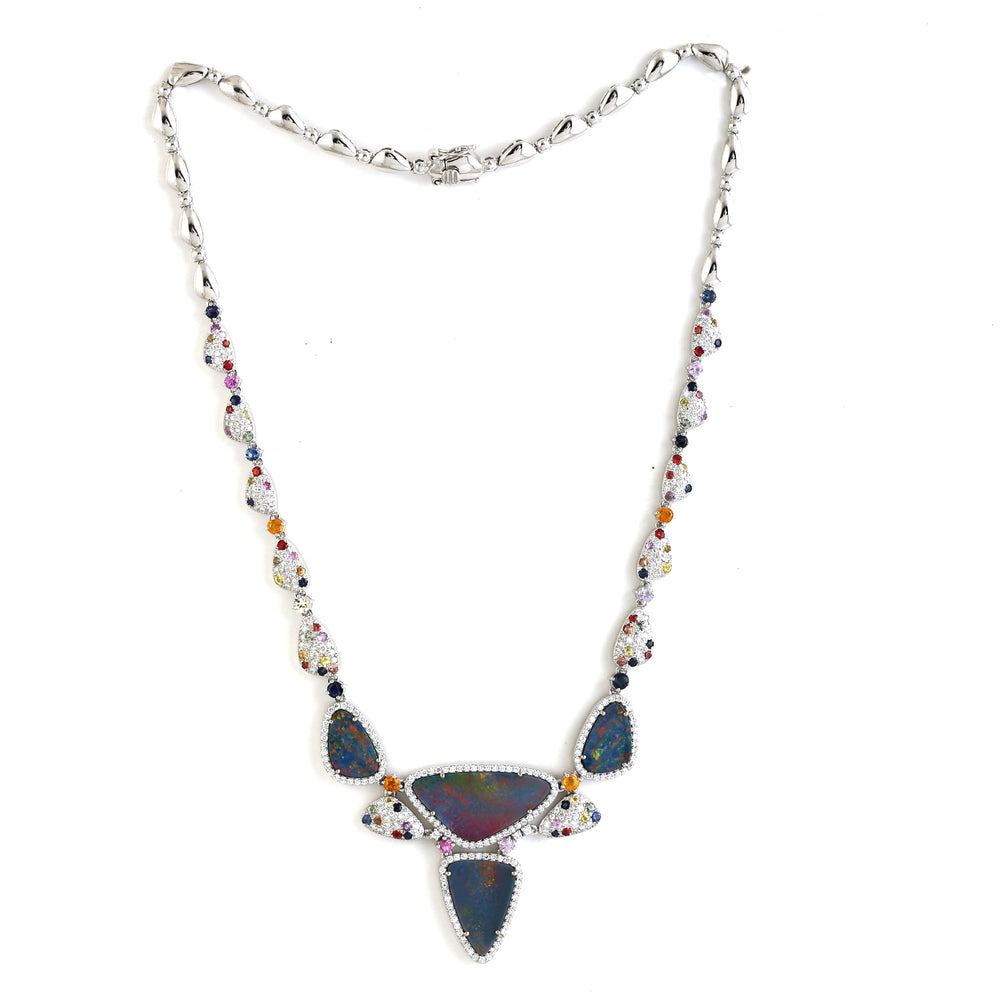Opal Doublet Pave Multi Sapphire Diamond Choker Necklace In 18k White Gold