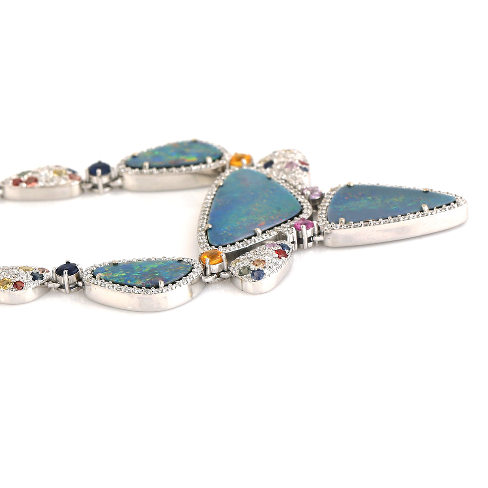 Opal Doublet Pave Multi Sapphire Diamond Choker Necklace In 18k White Gold