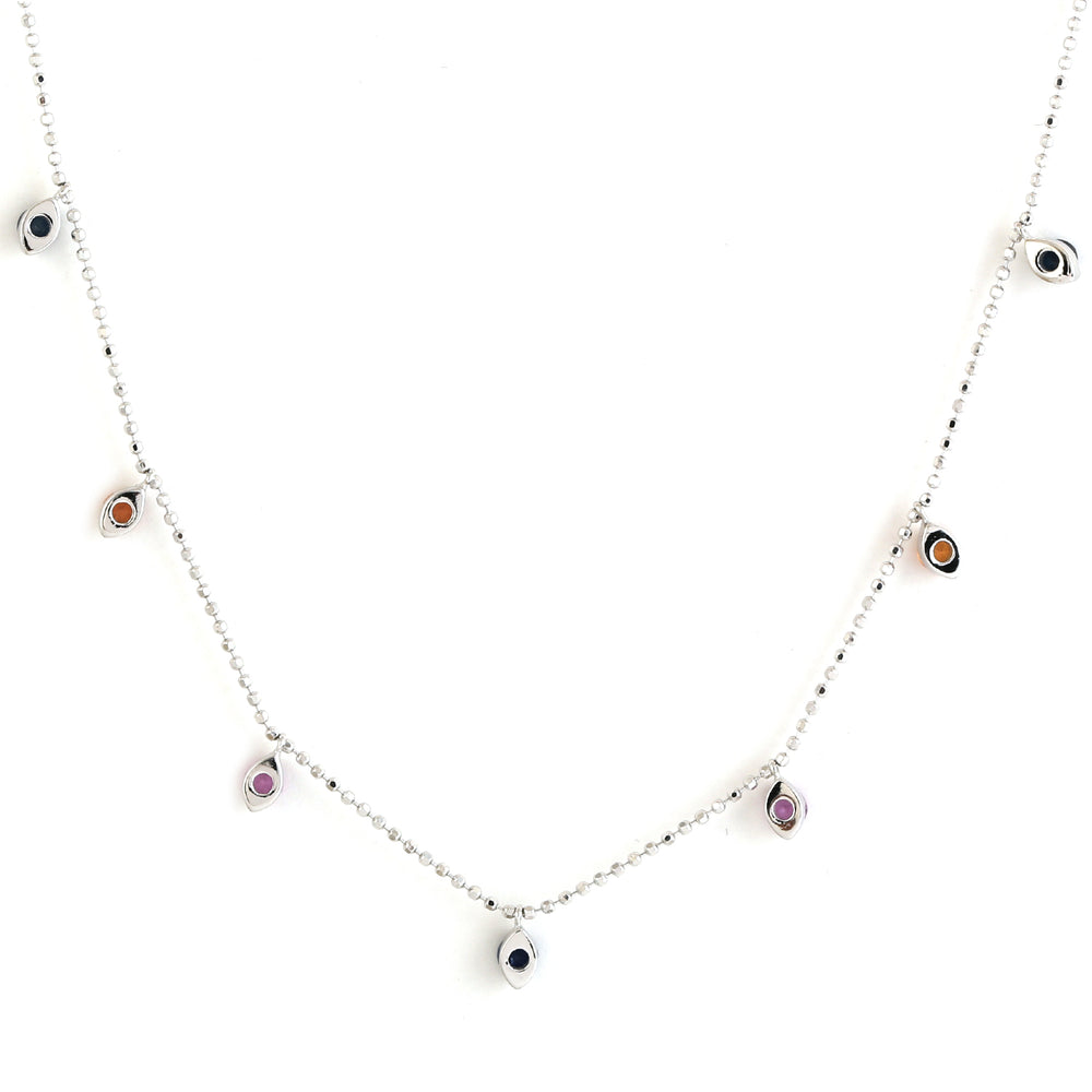 Rainbow Sapphire Birthstone Station Chain Necklace Dainty In 18k White Gold