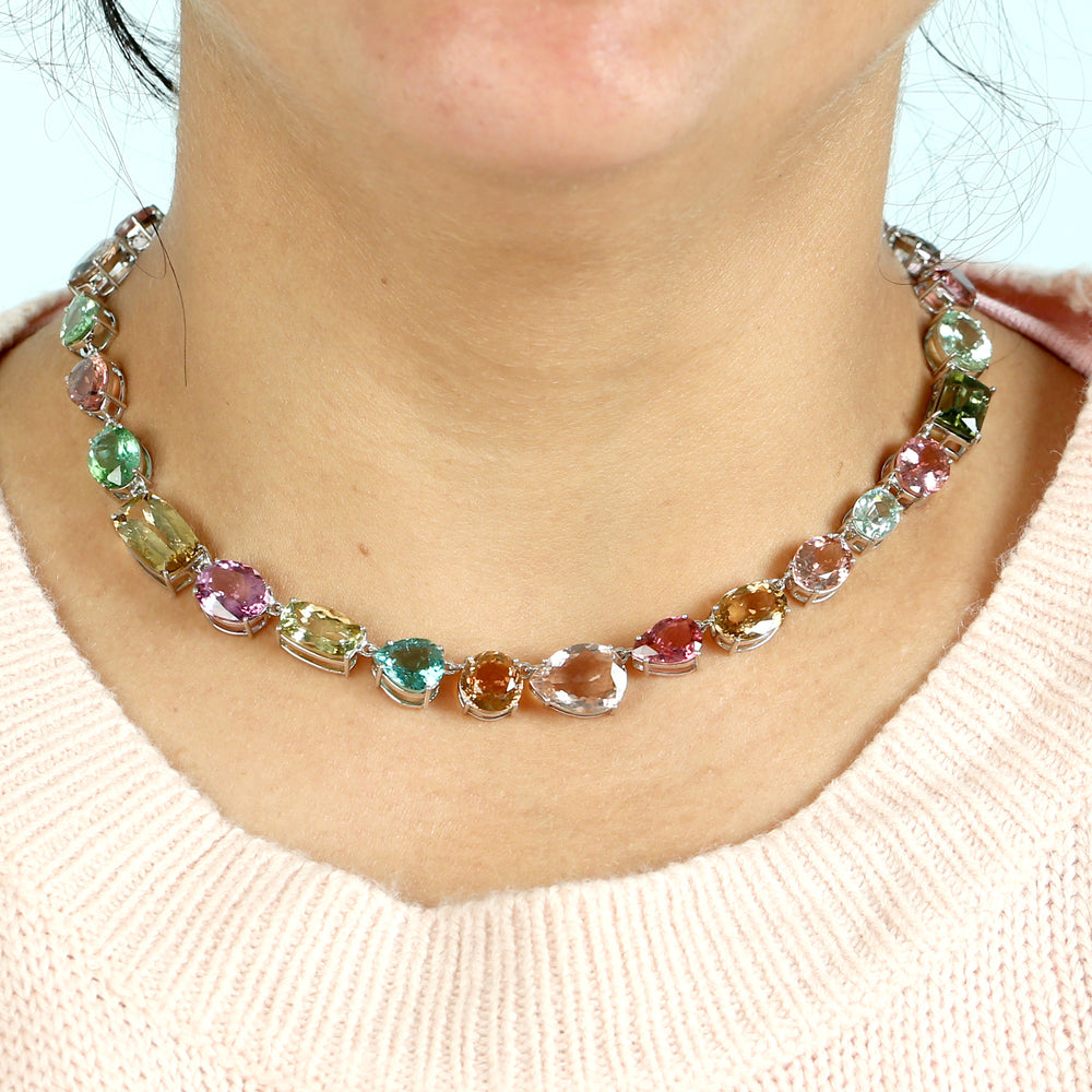 18k White Gold Prong Multicolor Tourmaline October Birthstone Choker Necklace For Her